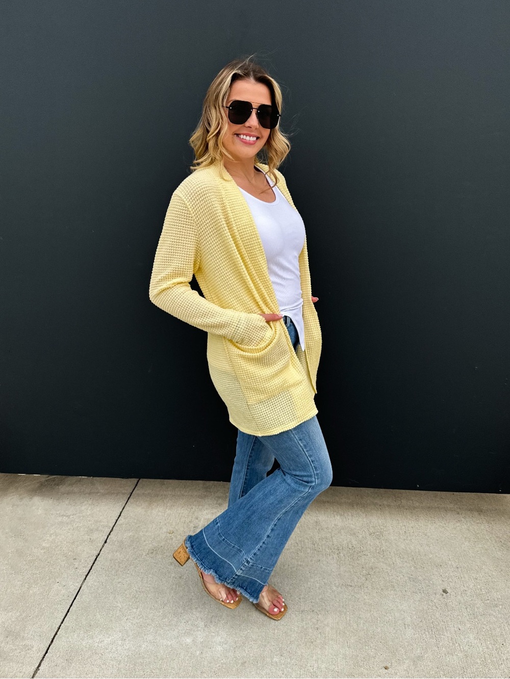 Light Yellow Open-Front Waffle Knit Women's Cardigan